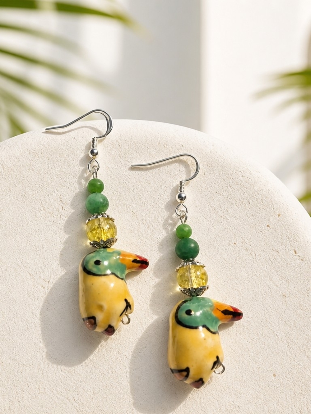 Ceramic Toucan Drop Earrings in Yellow & Green With Tiki Room Bracelet